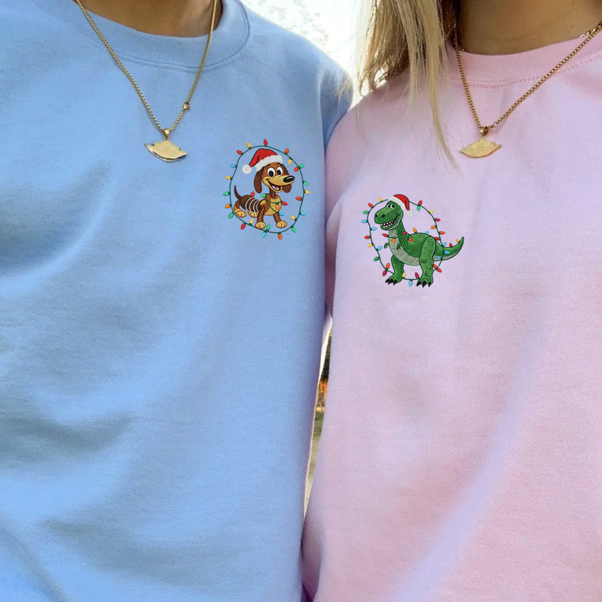 Custom Embroidered Stretchy Puppy and Green Dino Duo Christmas Hoodie, Cute Winter Season Matching for Couples