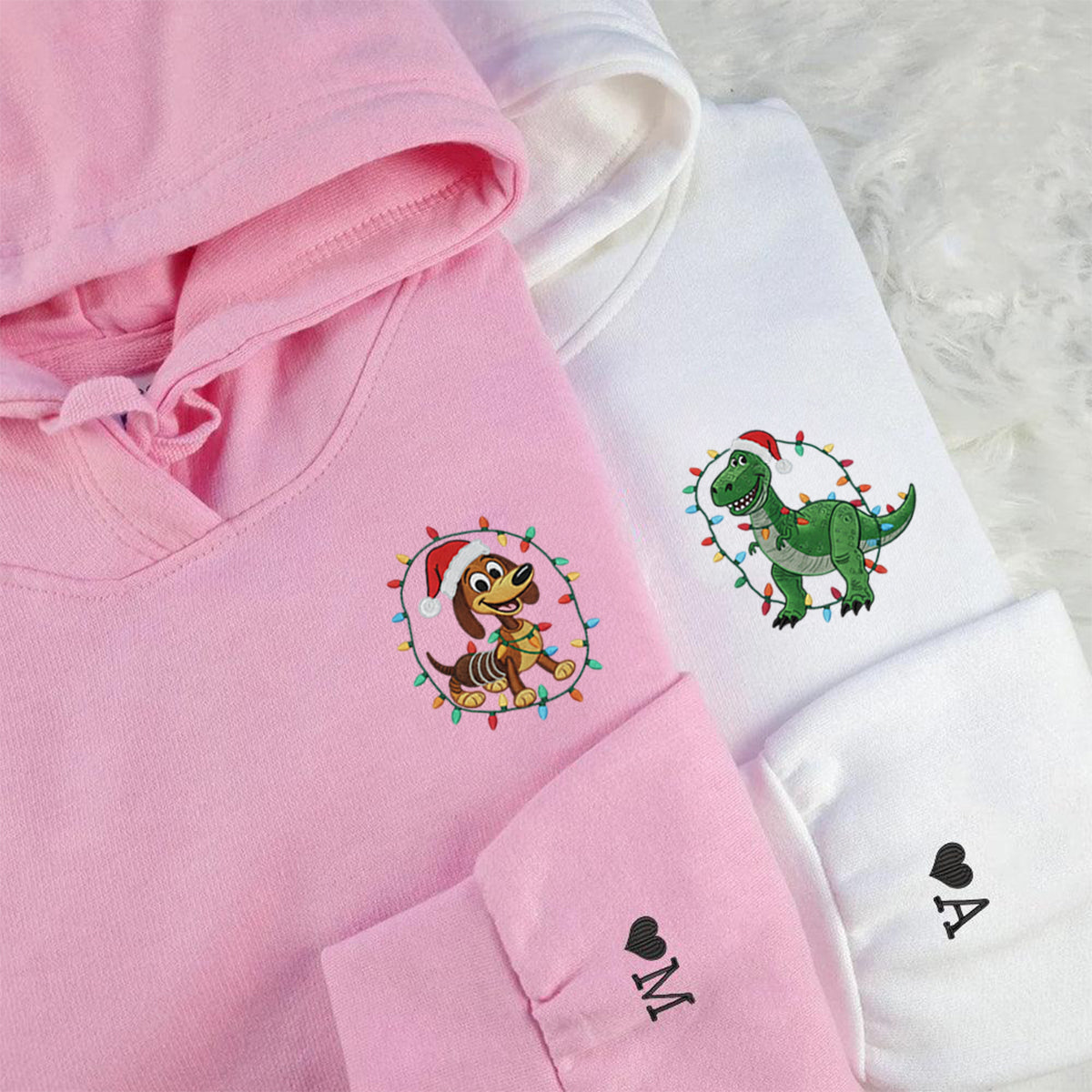 Custom Embroidered Stretchy Puppy and Green Dino Duo Christmas Hoodie, Cute Winter Season Matching for Couples