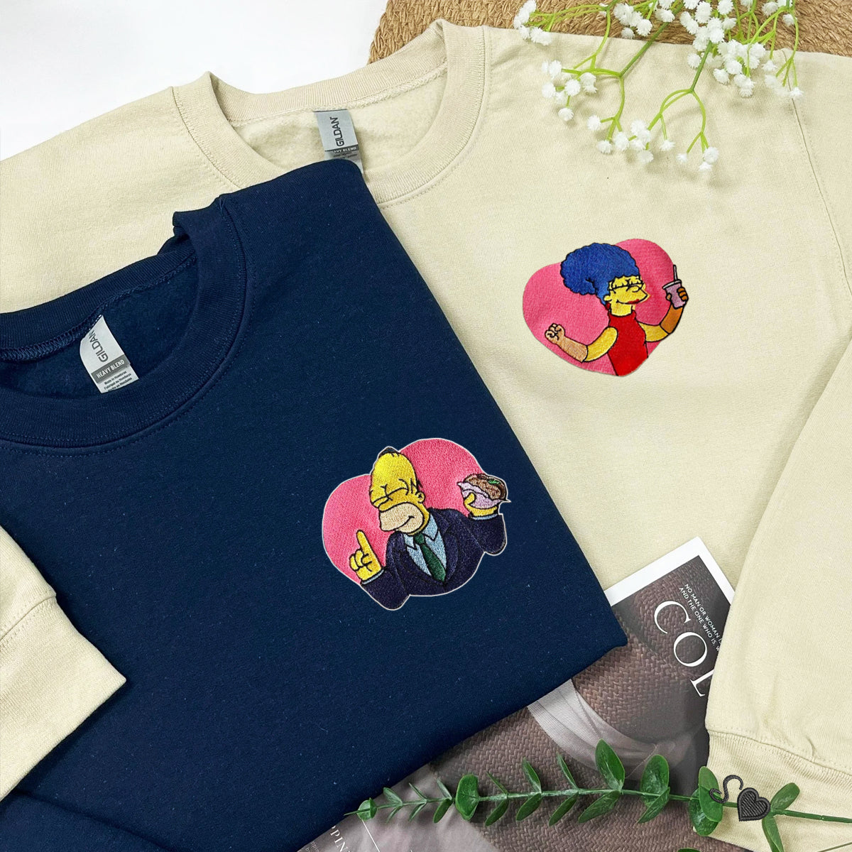 Custom Embroidered Sweatshirts For Couples, Custom Matching Couple Hoodies, Cartoon Couples Embroidered Matching Sweater