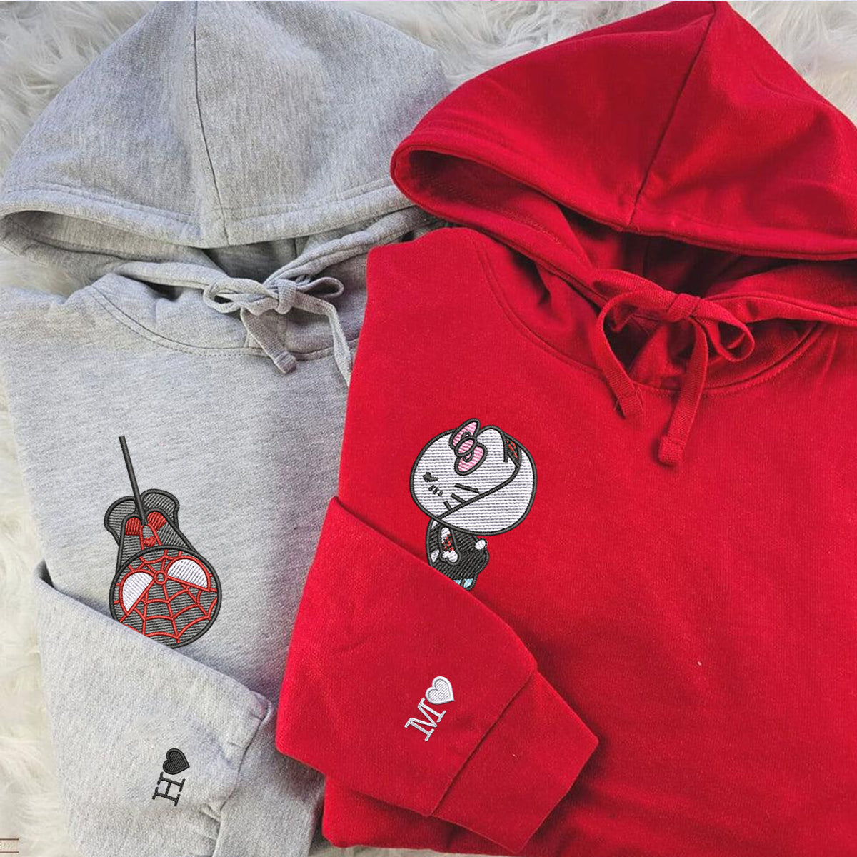 Custom Embroidered Sweatshirts For Couples, Custom Matching Couple Sweatshirt, Spider Kitten Couples Embroidered Crewneck Sweater V1