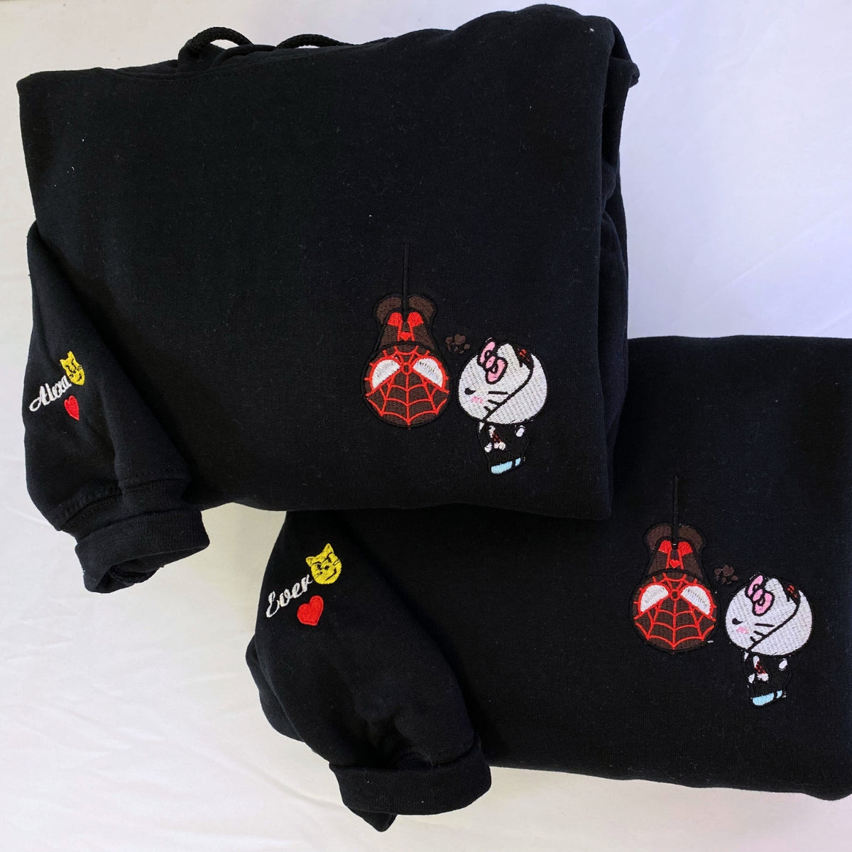 Custom Embroidered Hoodies For Couples, Custom Matching Couple Hoodie, Spider Miles x Kitten Gwen Couples Embroidered Hoodie V2