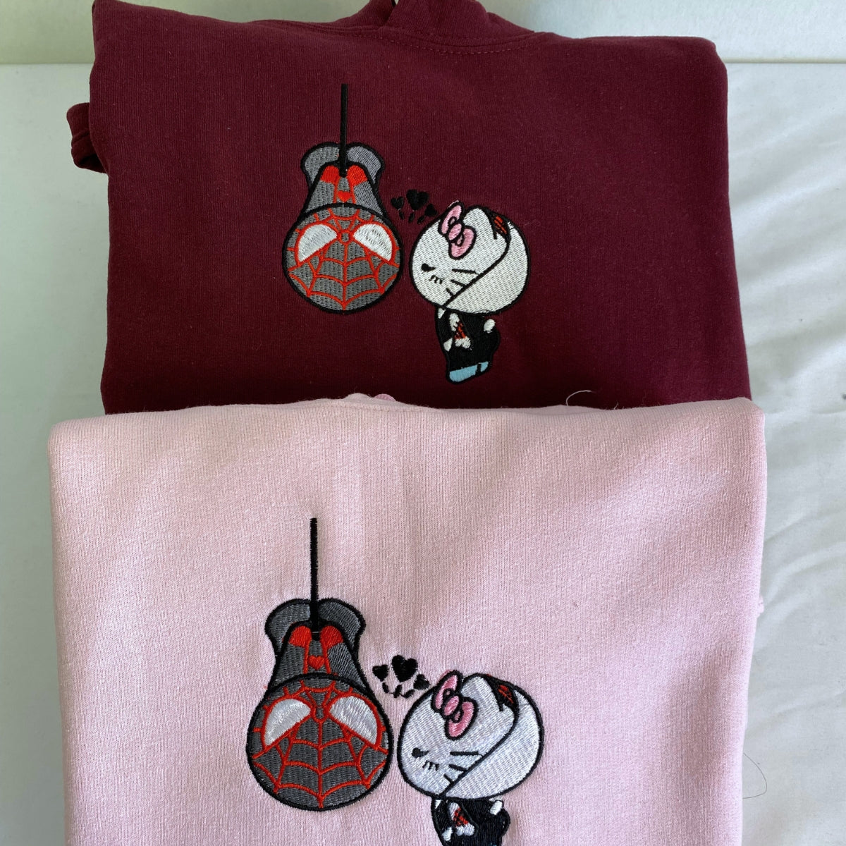 Custom Embroidered Hoodies For Couples, Custom Matching Couple Hoodie, Spider Miles x Kitten Gwen Couples Embroidered Hoodie V2