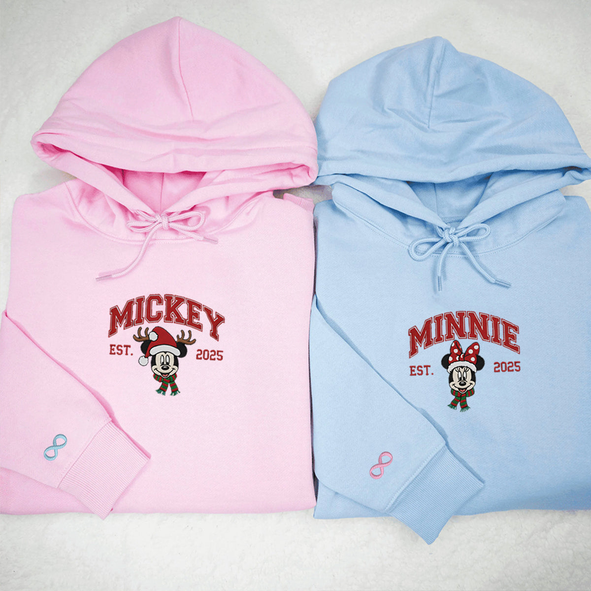 Custom Embroidered Sweet Mouse Cartoon Couple Holiday Sweatshirt, Warm Festive Season Hoodie Matching for Couples