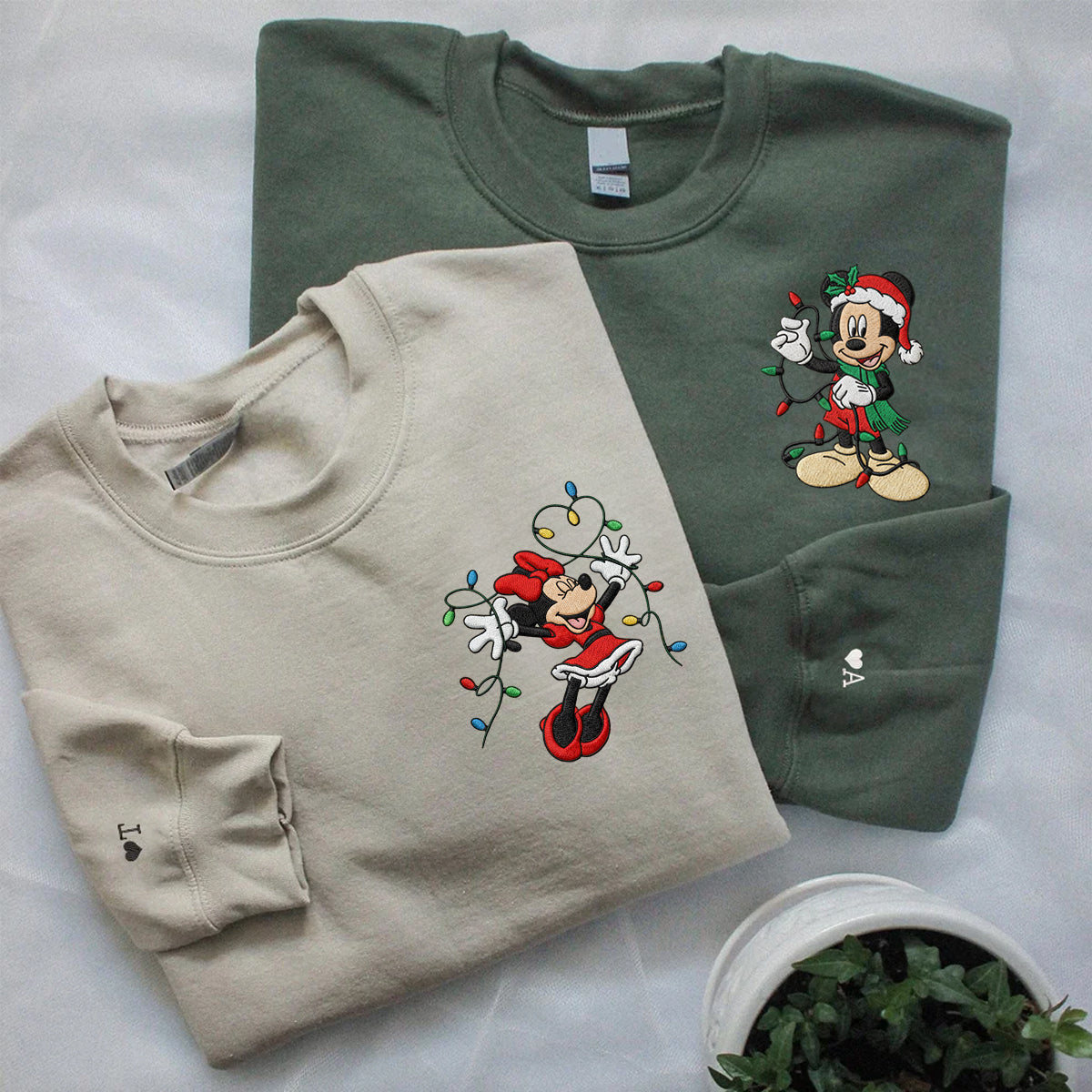 Custom Embroidered Sweet Mouse Couple Holiday Hoodie, Warm Christmas Lights Sweatshirt Matching for Couples