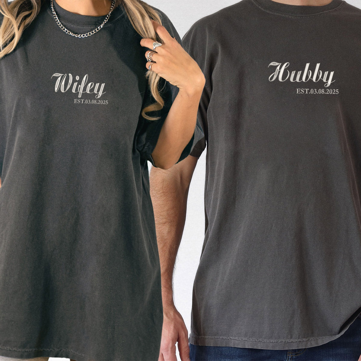Custom Embroidered Wifey Husband Personalized T-shirts for Couples