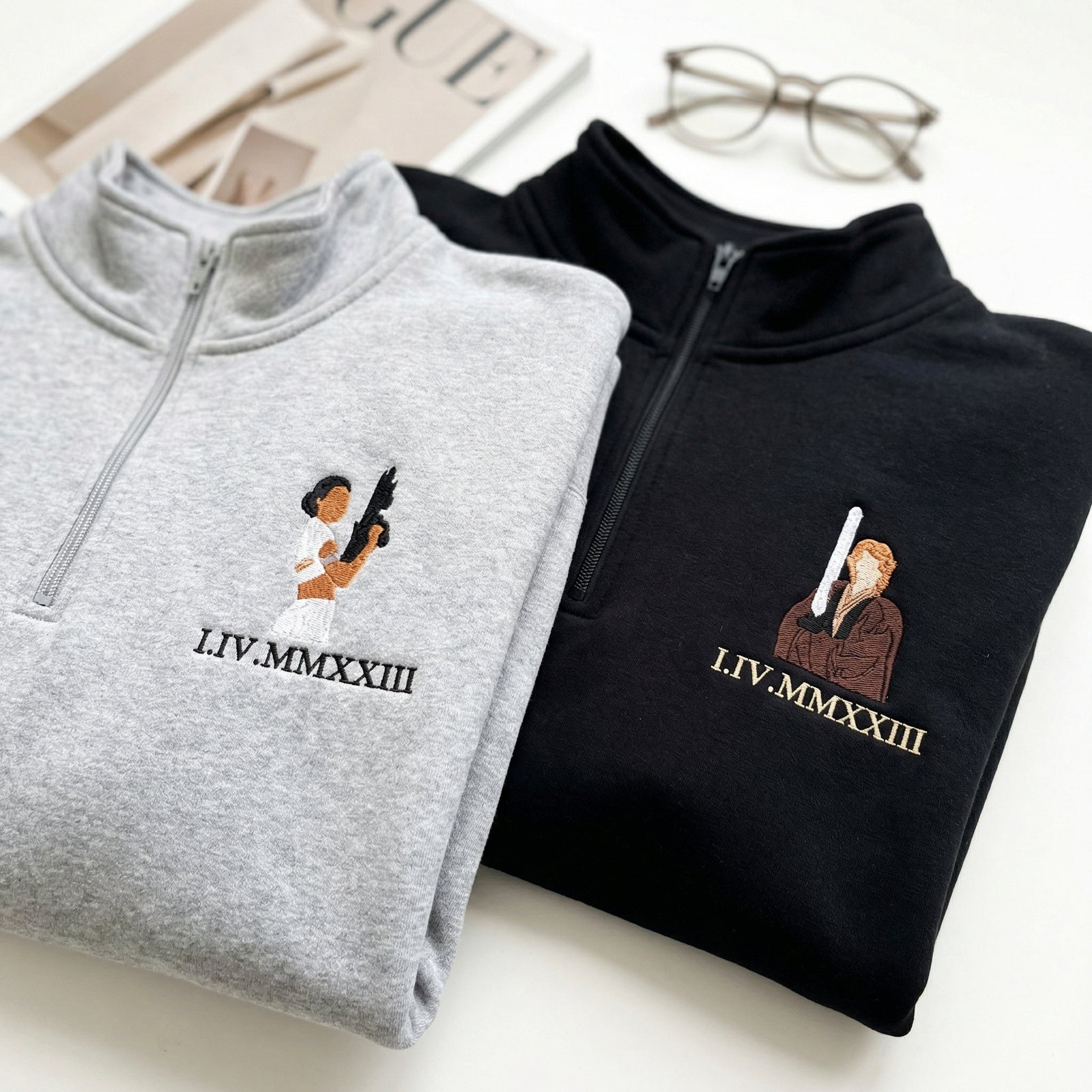 Custom Embroidery Couple Quarter Zip Sweatshirts - Cute Galaxy Romance Matching Full-Zip Hoodie