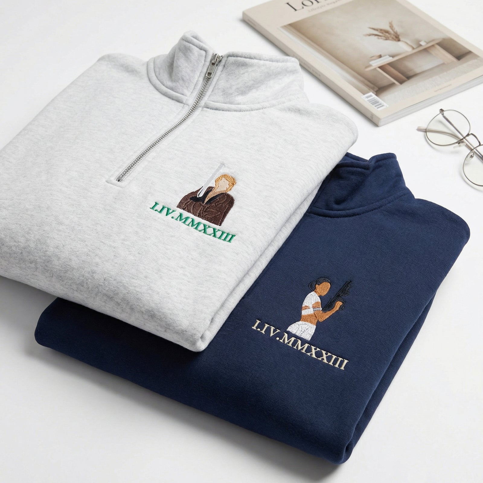 Custom Embroidery Couple Quarter Zip Sweatshirts - Cute Galaxy Romance Matching Full-Zip Hoodie