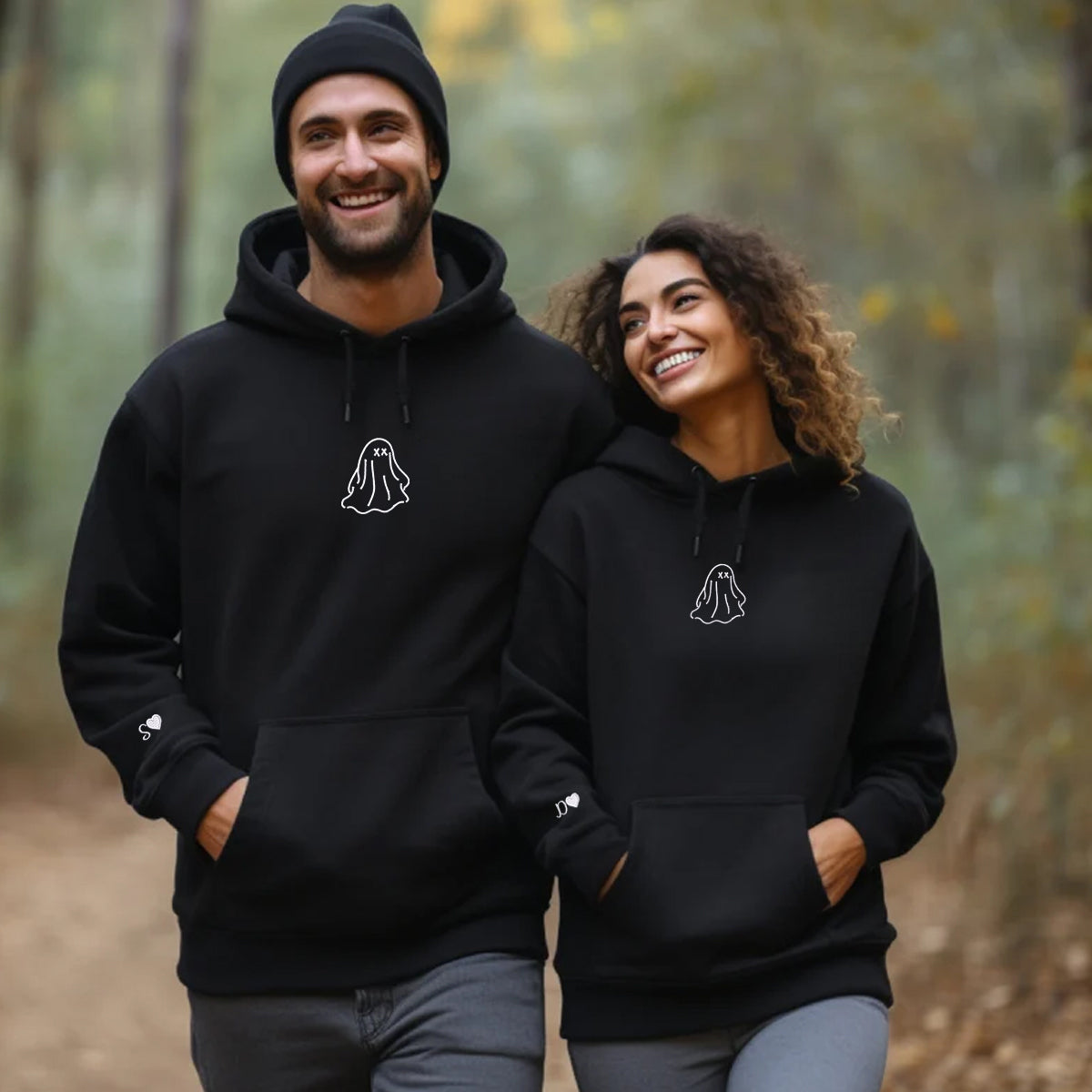 Custom Ghost Embroidered Matching Set Couple Sweatshirt Hoodies