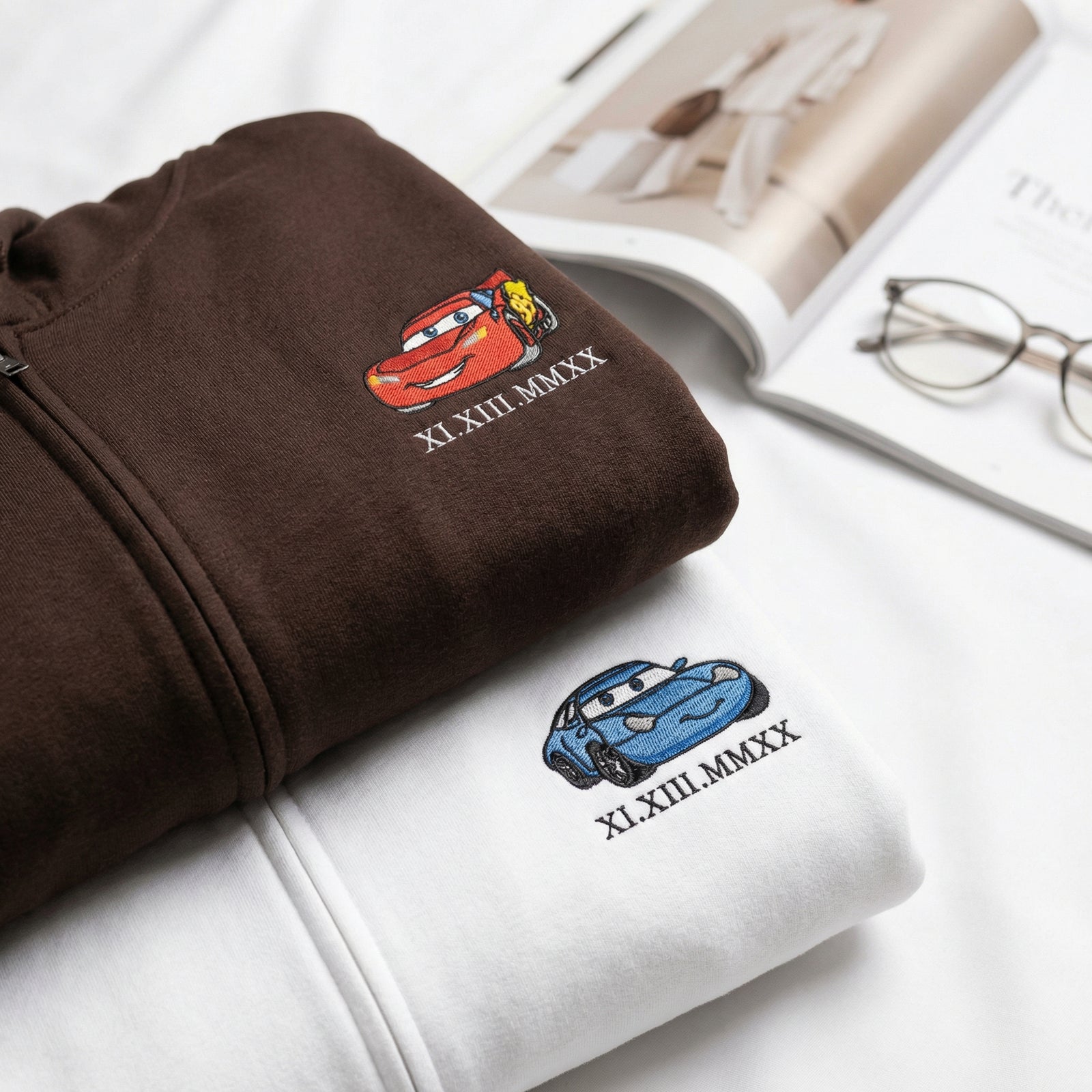 Custom Matching Quarter Zip Sweatshirt for Couples - Embroidered Cars Roman Numeral Hoodie