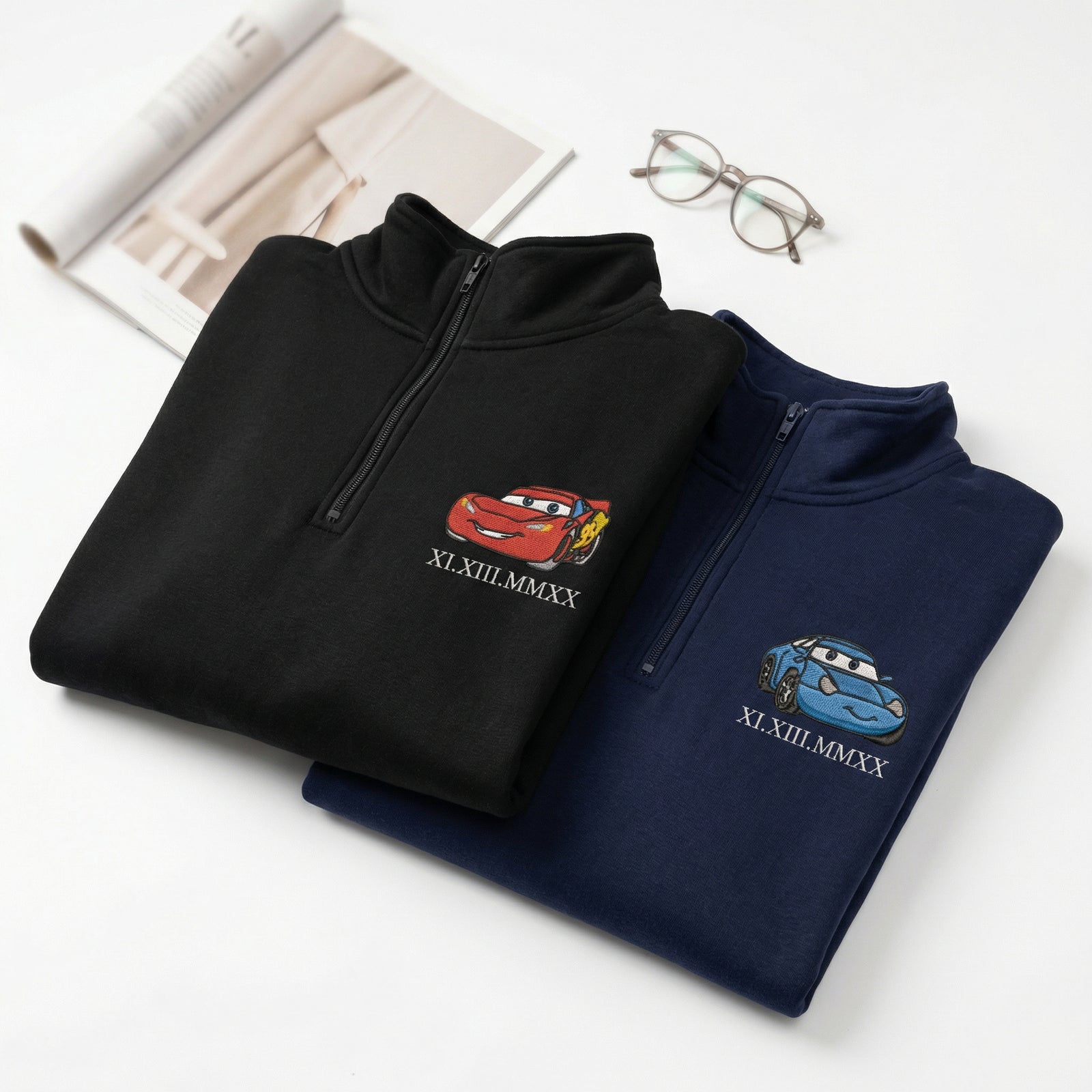 Custom Matching Quarter Zip Sweatshirt for Couples - Embroidered Cars Roman Numeral Hoodie