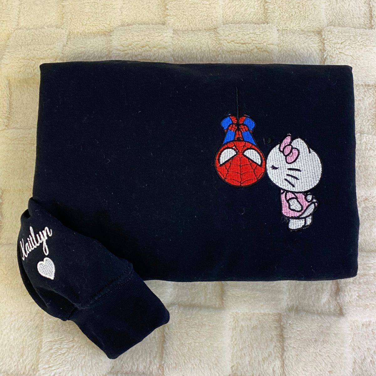 Custom Embroidered Sweatshirts For Couples, Custom Matching Couple Hoodies, Lovely Kitten Kiss Spider Chibi Embroidered Matching Couples Sweatshirt