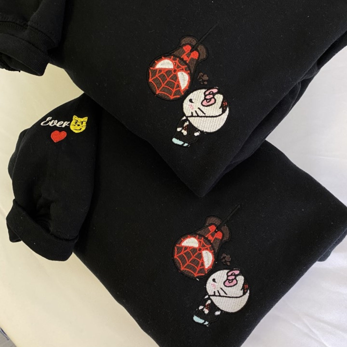 Custom Embroidered Sweatshirts For Couples, Custom Matching Couple Hoodies, Lovely Kitten Kiss Spider Chibi Embroidered Matching Couples Sweatshirt