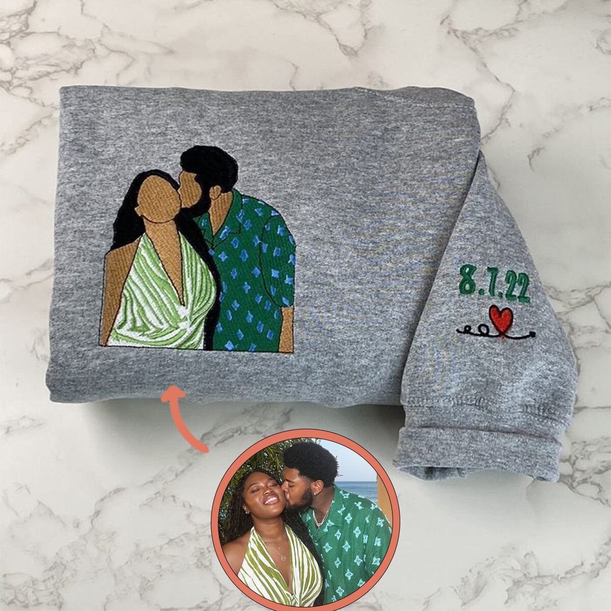 Custom Embroidered Sweatshirts For Couples, Custom Embroidered Portrait Photo Date On Sleeve Matching Couple Embroidered Sweatshirt Hoodie