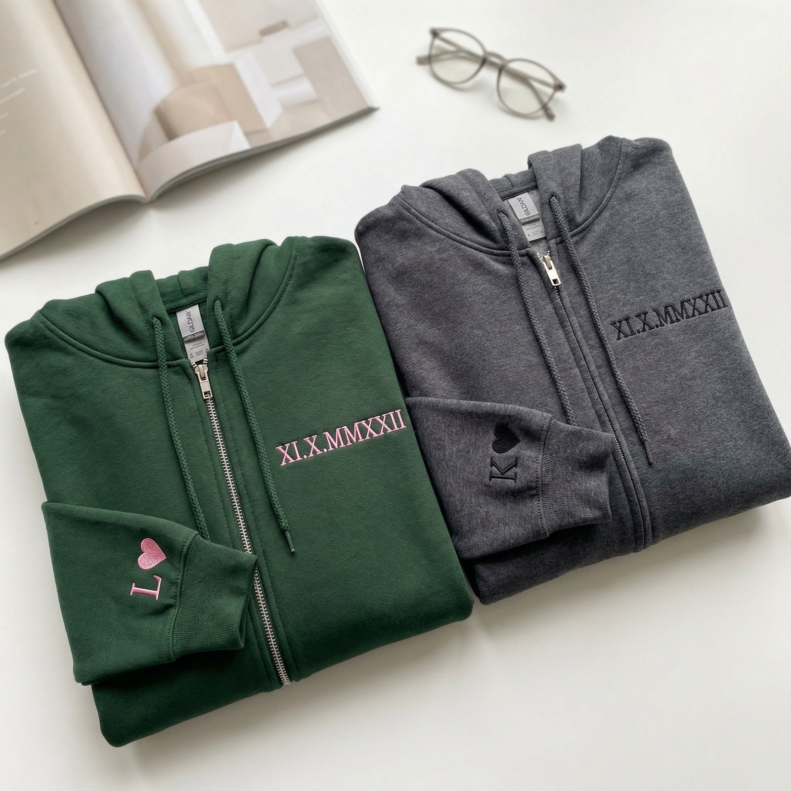 Personalized Roman Numeral Couple Matching Embroidered Quarter Zip Sweatshirt & Full-Zip Hoodie