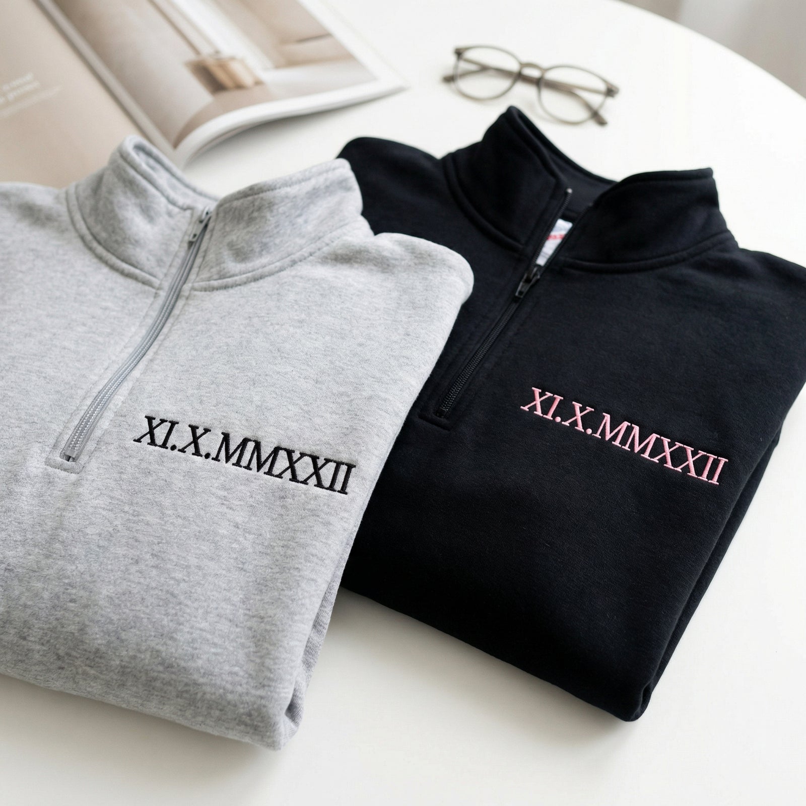 Personalized Roman Numeral Couple Matching Embroidered Quarter Zip Sweatshirt & Full-Zip Hoodie