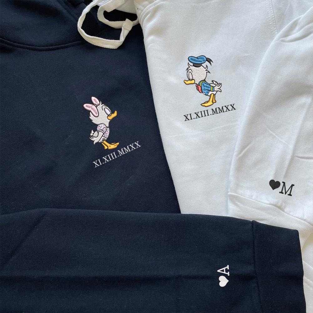 Custom Embroidered Roman Numeral Hoodies For Couples, Roman Numeral Date Hoodie, Cute Cartoon Ducks Couples Embroidered Hoodie