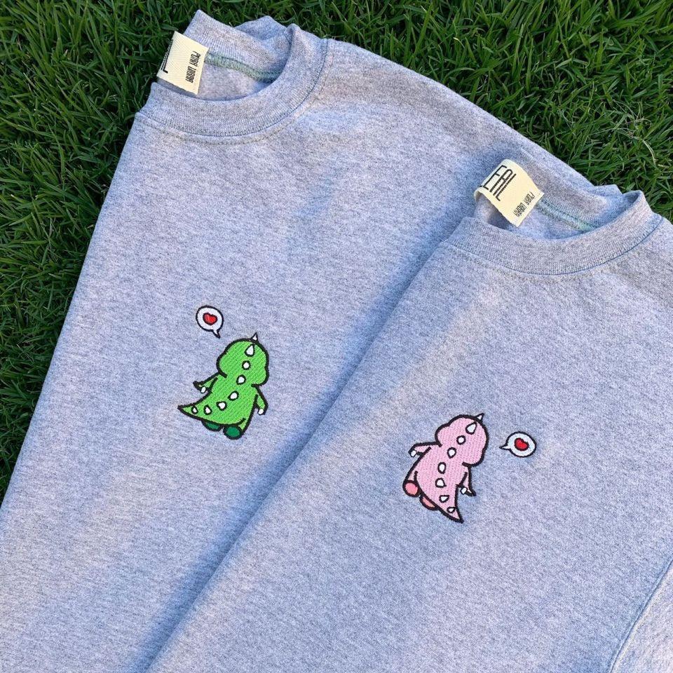Custom Embroidered Halloweeen Hoodies For Couples, Custom Embroidered Funny Cartoon Dinosaur Anniversary Date Matching Couples Embroidered Hoodies