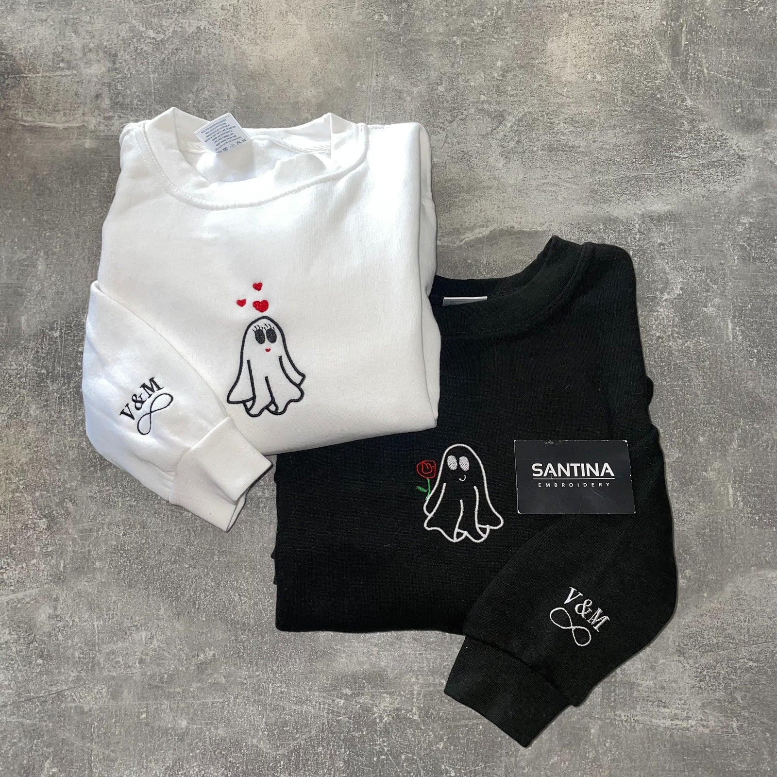 Custom Embroidered Halloweeen Sweatshirts For Couples, Halloween Couples Ghost Embroidered Sweatshirt, Ghost Spooky Couples Season Sweater