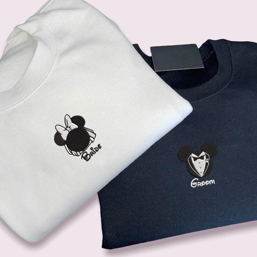 Custom Embroidered Sweatshirts For Couples, Custom Matching Couple Sweatshirt, Cartoon Mouses Bride Groom Couples Embroidered Sweater