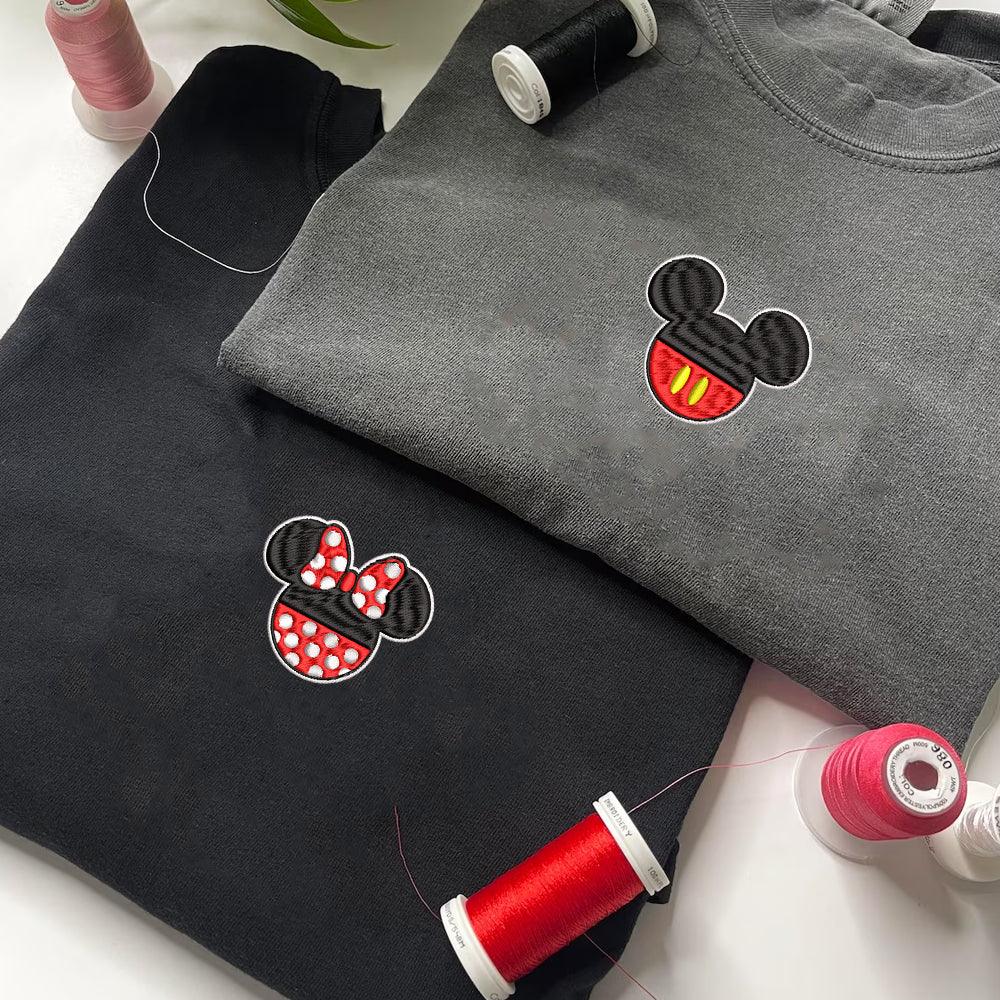 Custom Embroidered Sweatshirts For Couples, Custom Matching Couple Sweatshirt, Cartoon Mouses Happy Couples Embroidered Sweater