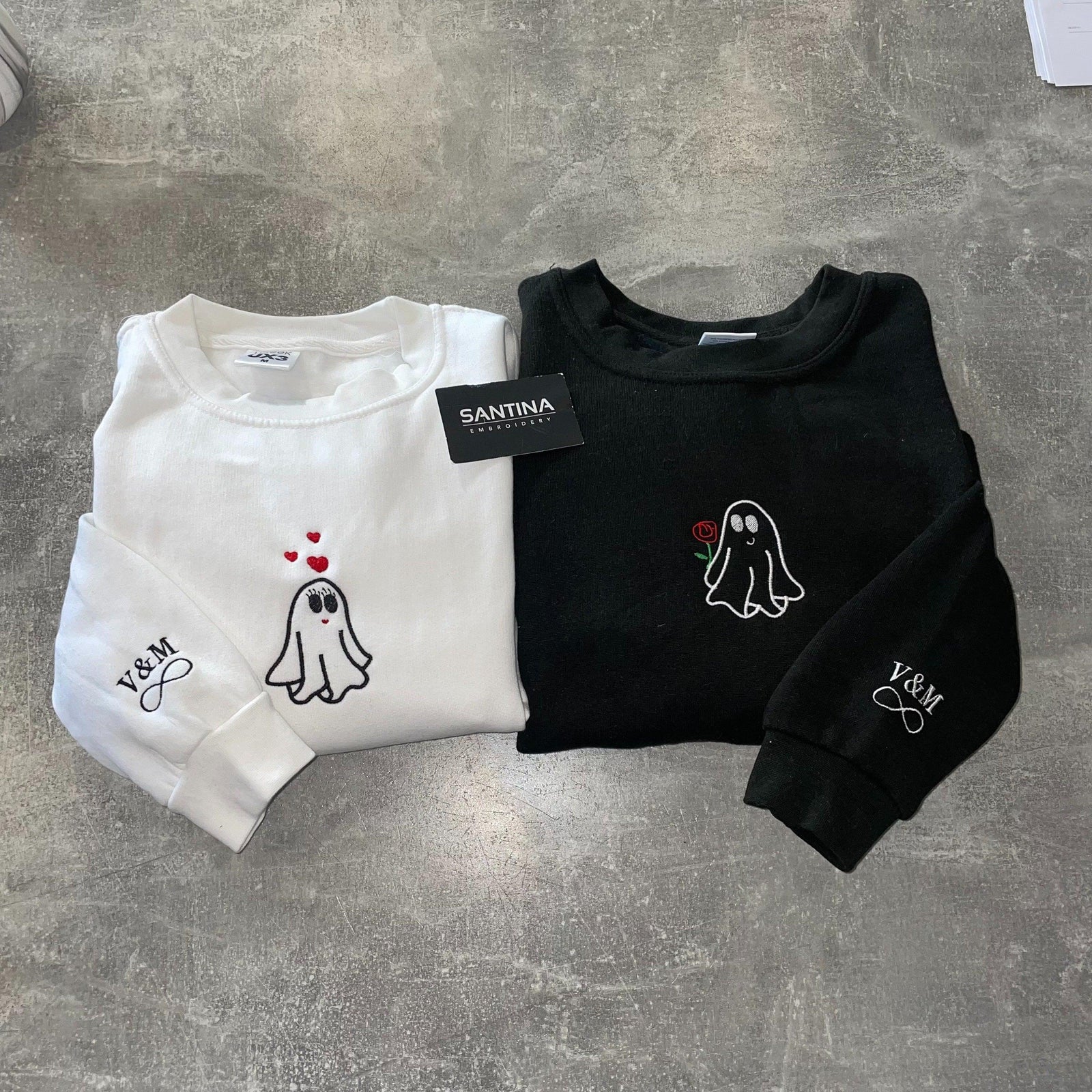 Custom Embroidered Halloweeen Sweatshirts For Couples, Halloween Couples Ghost Embroidered Sweatshirt, Ghost Spooky Couples Season Sweater
