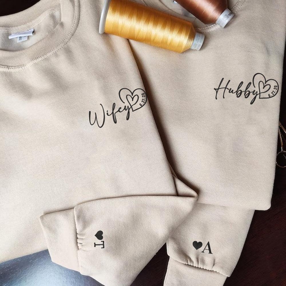 Custom Embroidered Hubby Wifey Date Anniversary Couples Matching Embroidered Sweatshirt Hoodies
