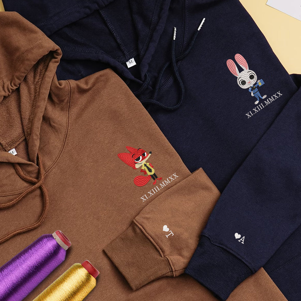 Custom Embroidered Roman Numeral Hoodies For Couples, Roman Numeral Date Hoodie, Rabbits Cartoon Couples Embroidered Hoodie