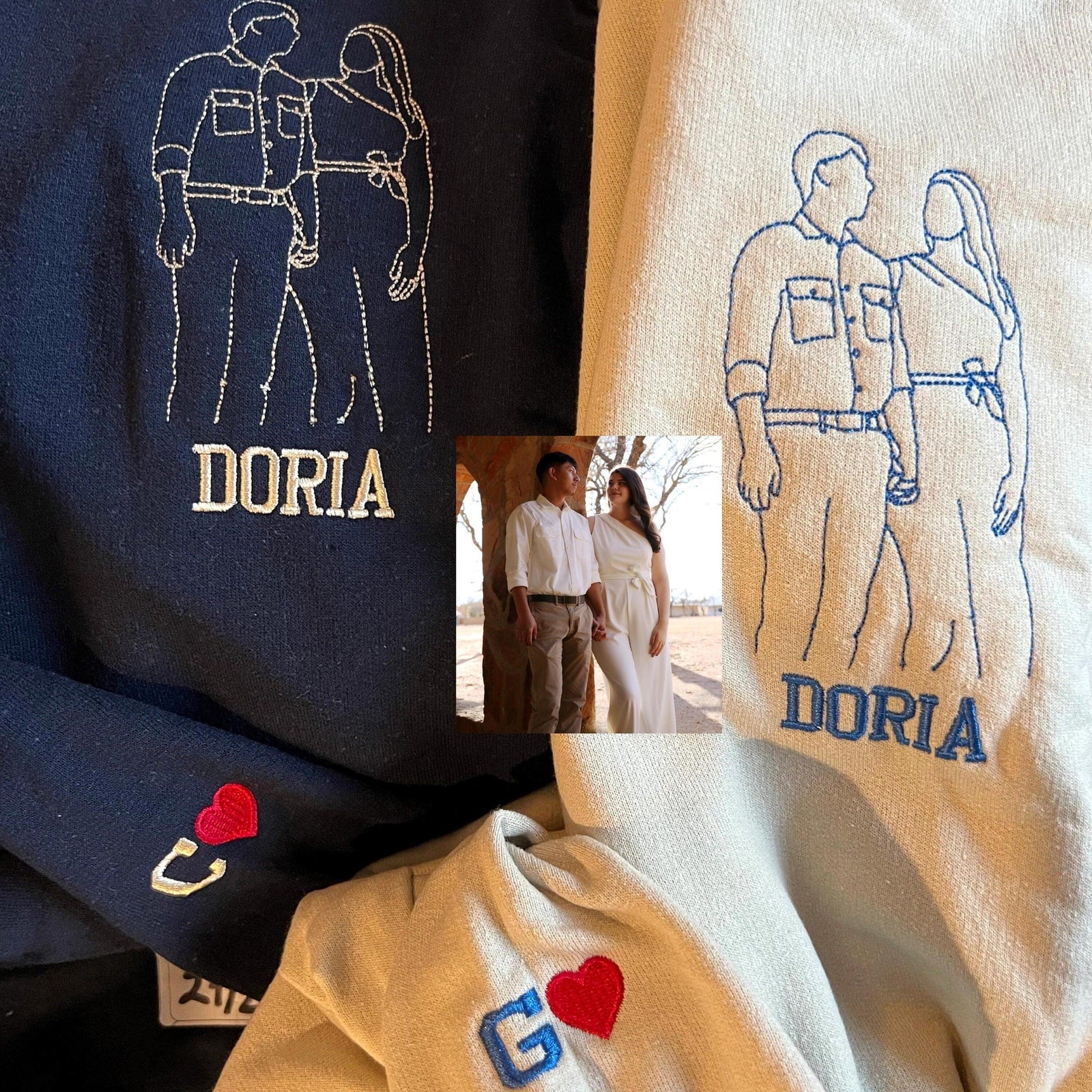 Custom Embroidered Portrait From Photo Couple Hoodies Set Embroidered Sweatshirt