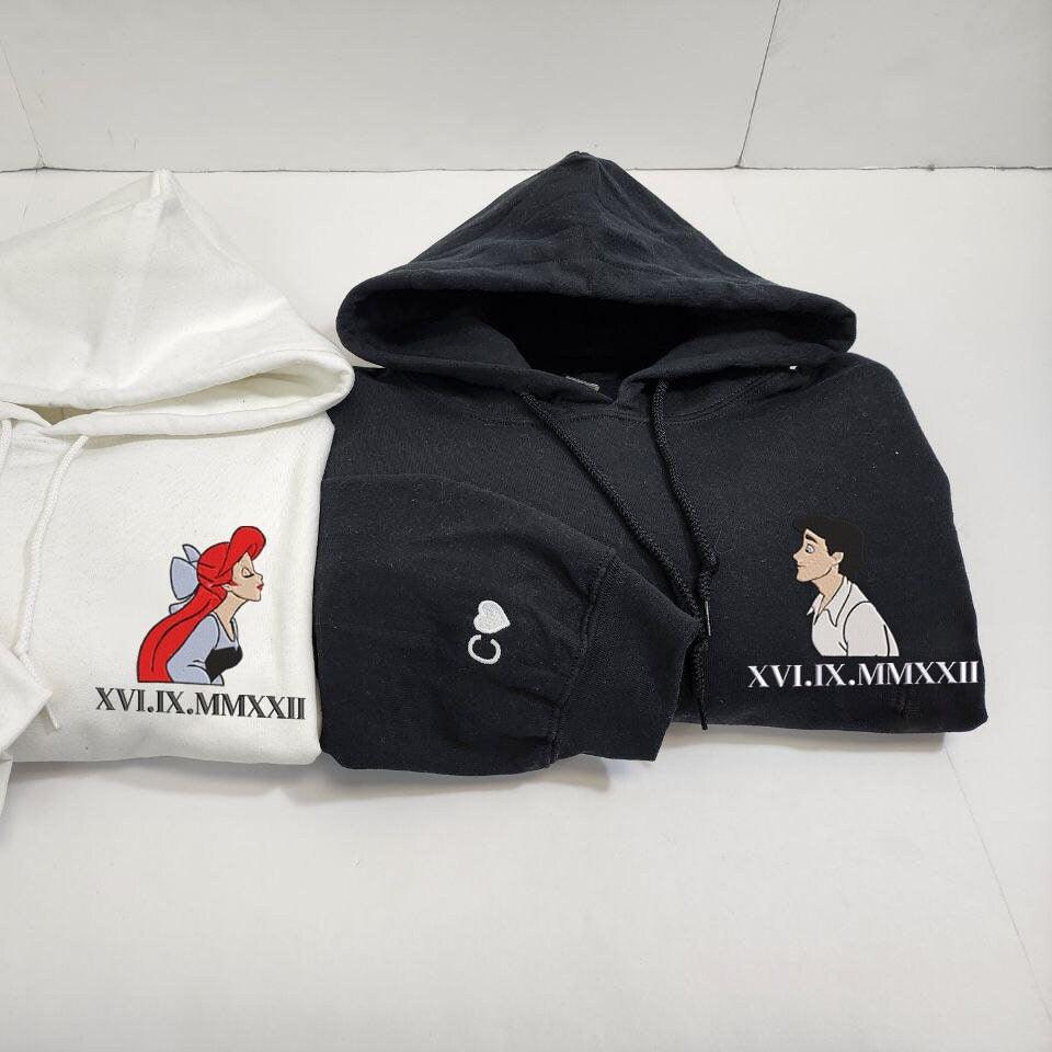 Custom Embroidered Halloweeen Hoodies For Couples, Custom Matching Couple Hoodies, Ariel x Prince Eric Anniversary Roman Numeral Embroidered Hoodie