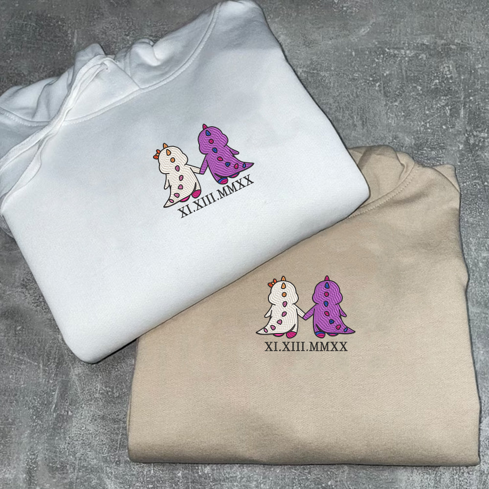 Custom Embroidered Roman Numeral Date Hoodies For Couples, Bi Lesbian Dino Couples Embroidered Hoodie