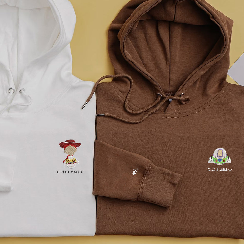 Custom Embroidered Roman Numeral Hoodies For Couples, Roman Numeral Date Hoodie, Cute Cartoon Toys Couples Embroidered Hoodie