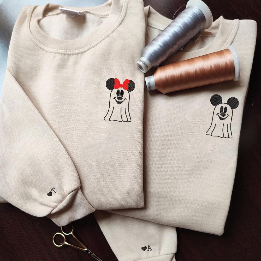 Custom Embroidered Halloweeen Sweatshirts For Couples, Custom Matching Couple Sweatshirt, Cartoon Mouses Couples Embroidered Sweater V3