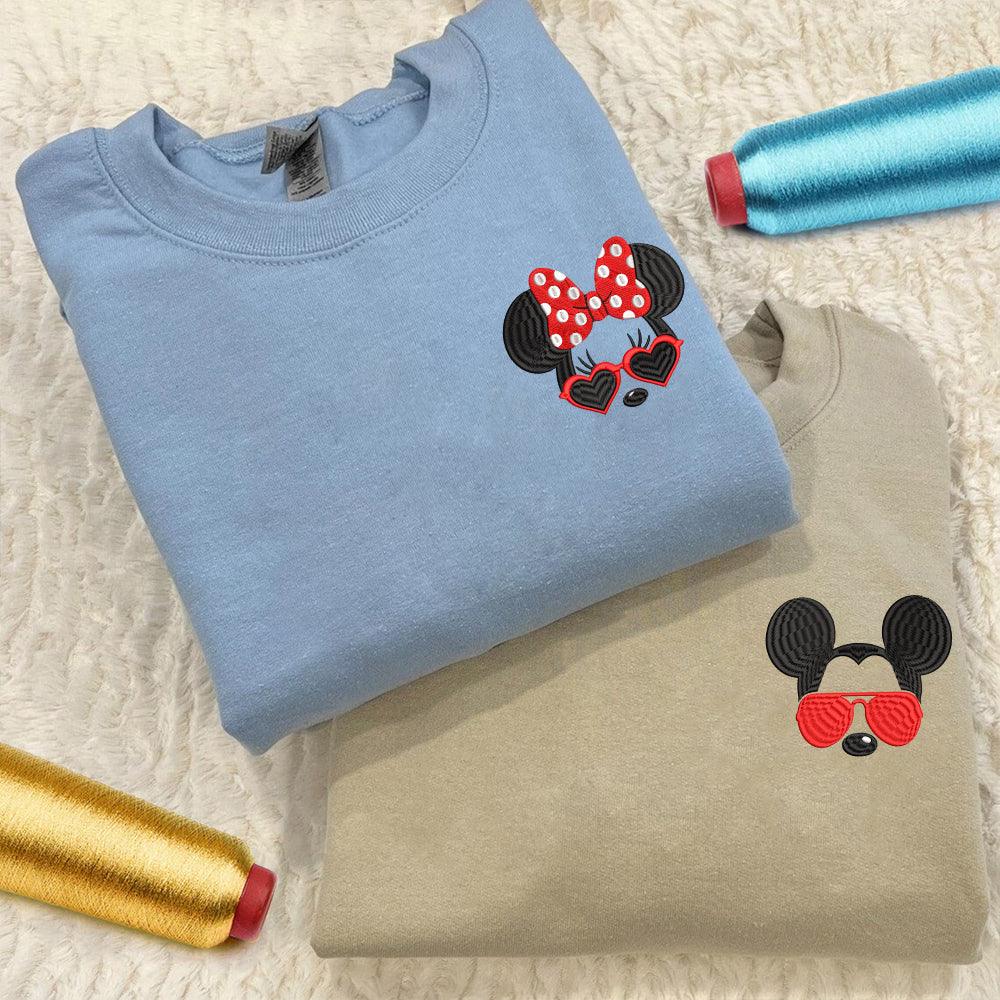 Custom Embroidered Sweatshirts For Couples, Custom Matching Couple Sweatshirt, Cartoon Mouses Inspired Couples Embroidered Matching Sweater