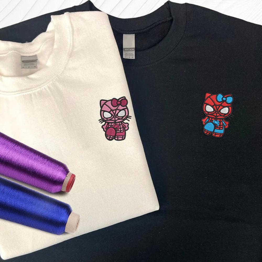 Custom Embroidered Sweatshirts For Couples, Custom Matching Couple Sweatshirt, Cartoon Spider x Kitten Couples Embroidered Sweater