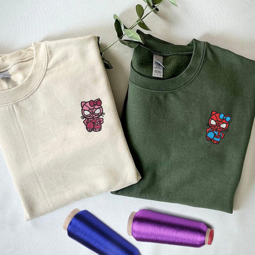 Custom Embroidered Sweatshirts For Couples, Custom Matching Couple Sweatshirt, Cartoon Spider x Kitten Couples Embroidered Sweater