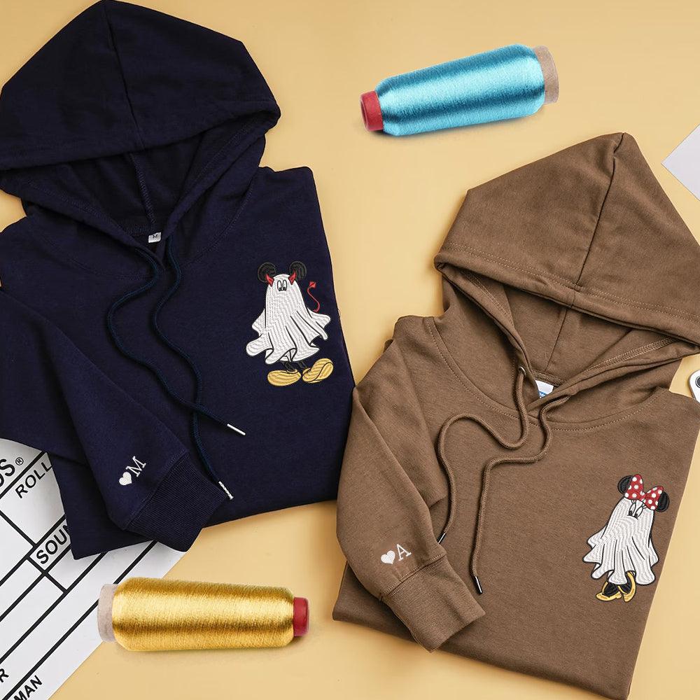 Custom Embroidered Hoodies For Couples, Custom Matching Couple Hoodie, Mouse Cute Ghost Couples Inspired Embroidered Hoodie