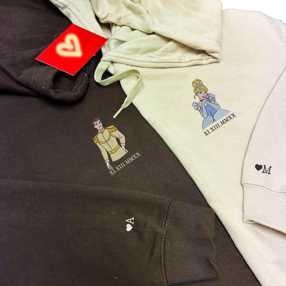 Custom Embroidered Roman Numeral Hoodies For Couples, Roman Numeral Date Hoodie, Cute Prince Princess Couples Embroidered Hoodie