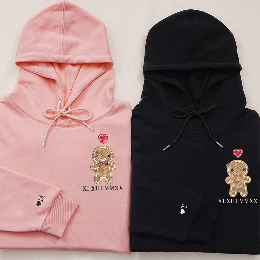 Custom Embroidered Roman Numeral Date Hoodies For Couples, Cookie Cute Gingerbread Christmas Couples Embroidered Hoodie