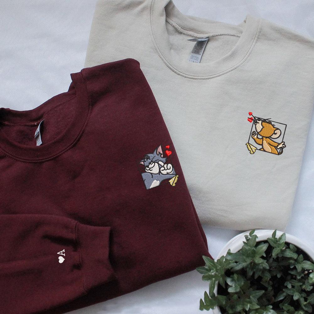 Custom Embroidered Sweatshirts For Couples, Custom Matching Couple Sweatshirt, Cute Mouses Couples Embroidered Crewneck Sweater V1