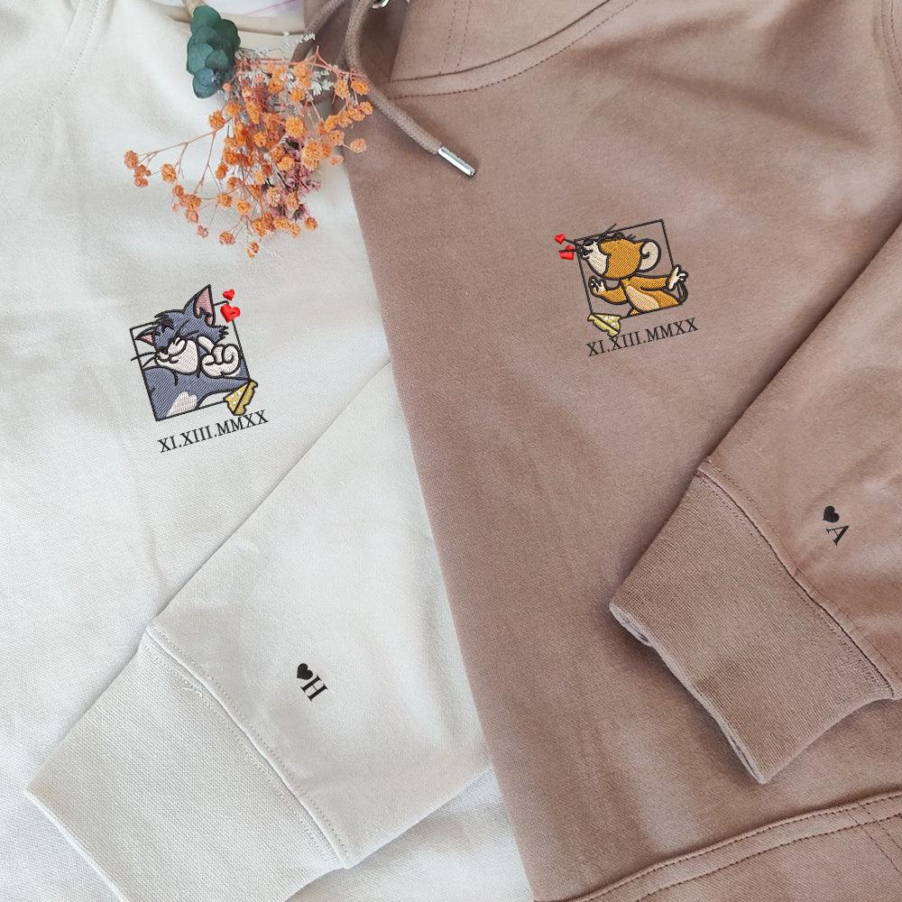 Custom Embroidered Roman Numeral Hoodies For Couples, Roman Numeral Date Hoodie, Mouses Heart Kiss Couples Embroidered Hoodie