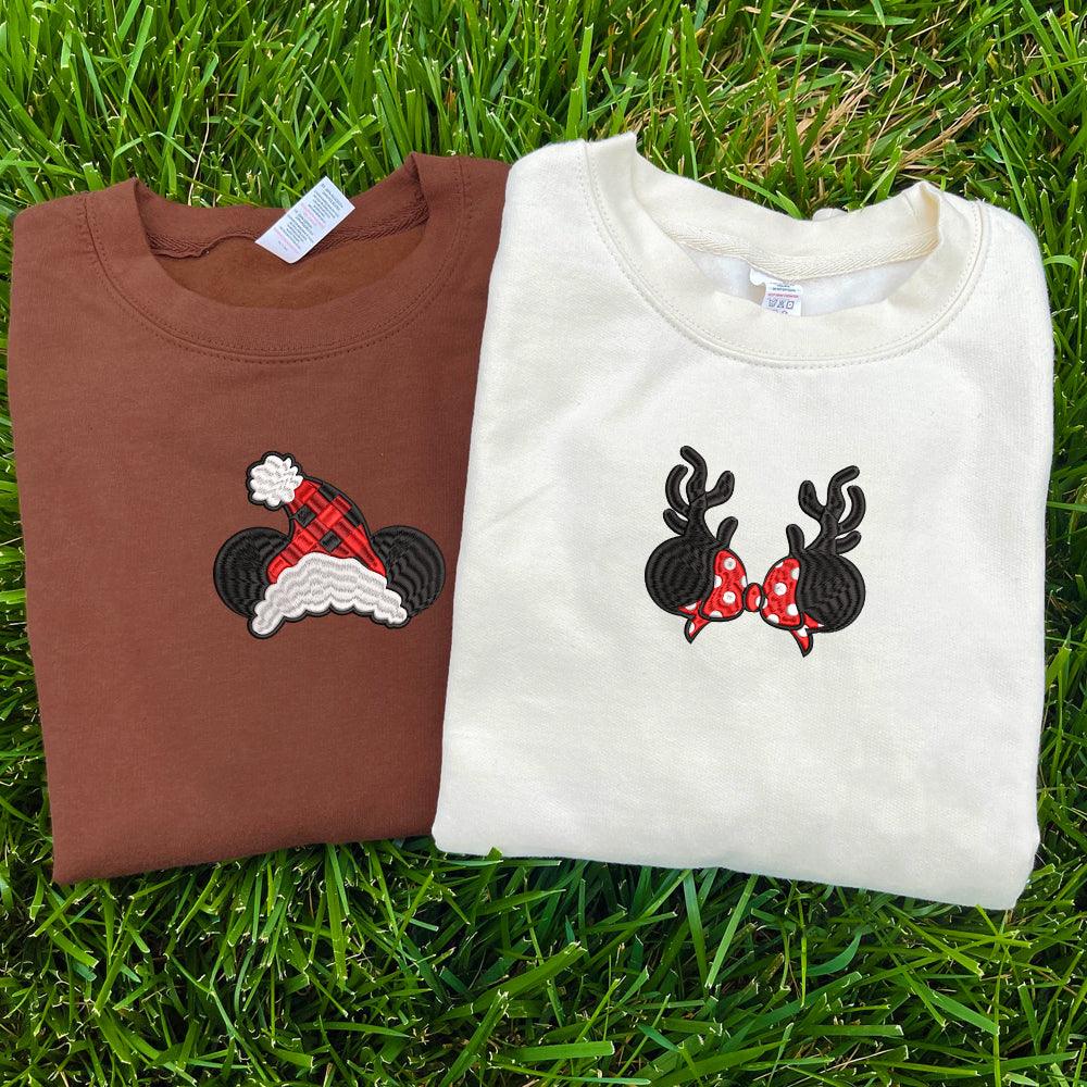 Custom Embroidered Sweatshirts For Couples, Custom Embroidered Cartoon Mouses Christmas Couples Embroidered Sweatshirt Sweater