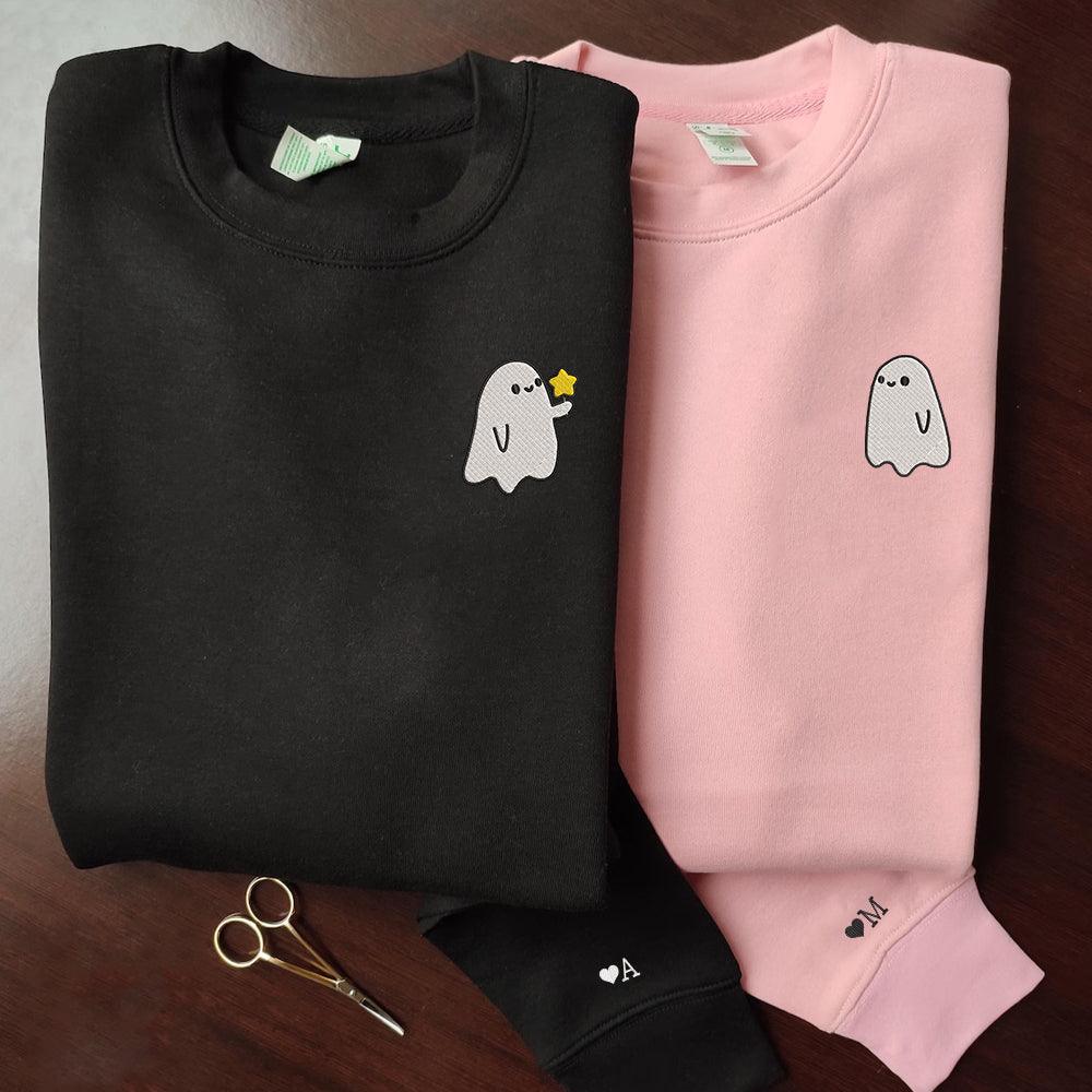 Custom Embroidered Halloween Sweatshirts For Couples, Custom Embroidered Ghost Spooky Season Couples Embroidered Sweater V2