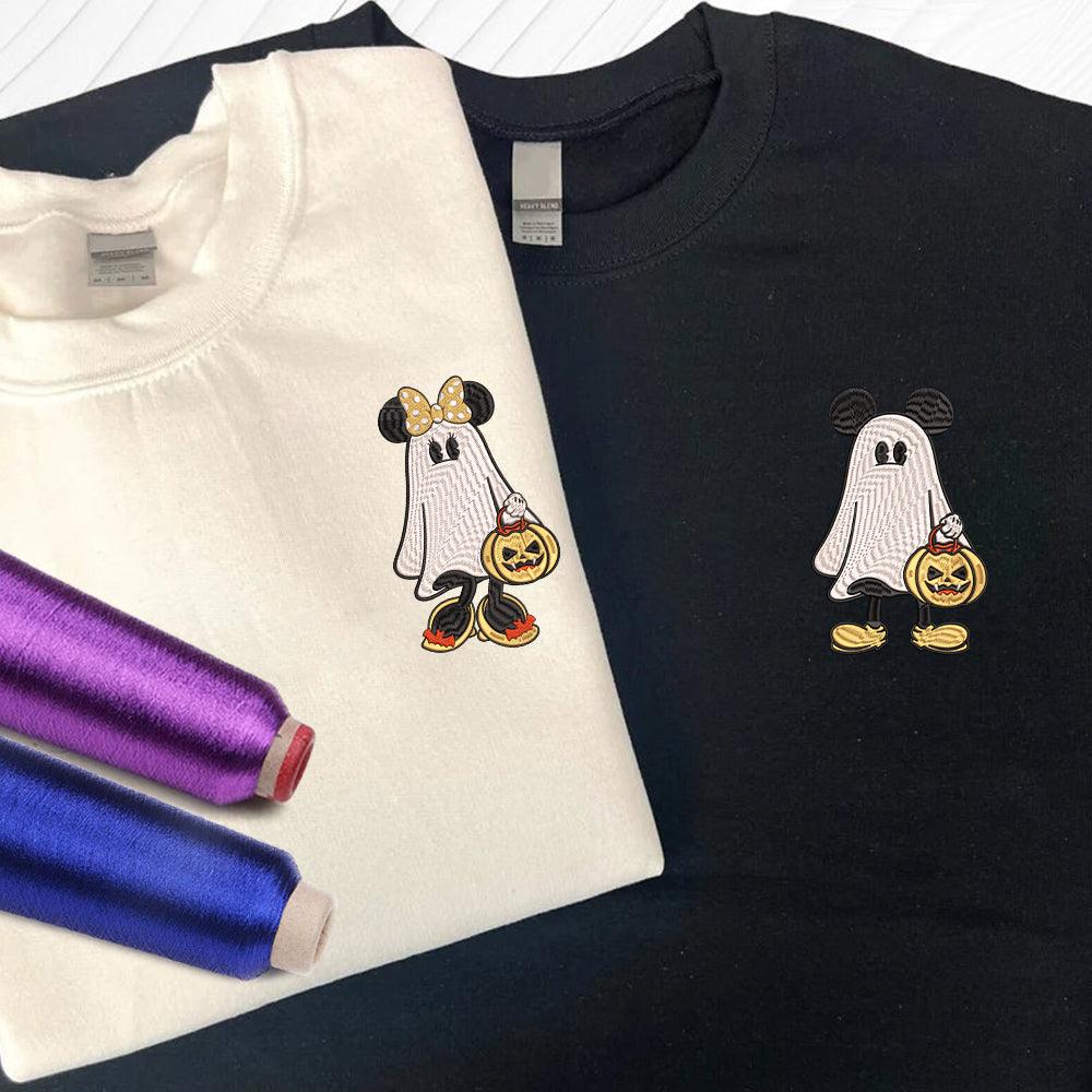 Custom Embroidered Halloweeen Sweatshirts For Couples, Custom Matching Couple Sweatshirt, Cartoon Ghost Mouses Couples Embroidered Sweater V4