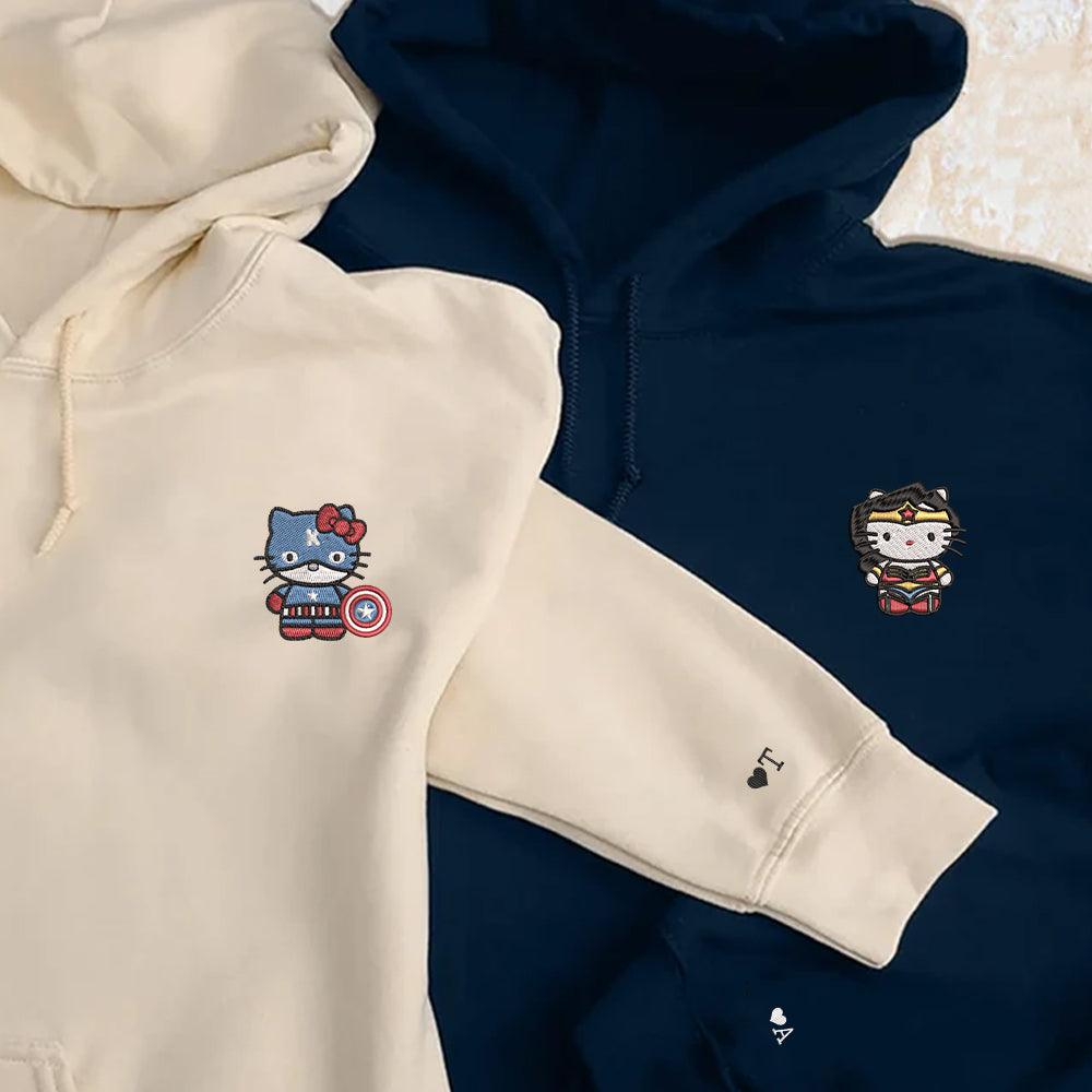 Custom Embroidered Hoodies For Couples, Custom Matching Couple Hoodies, Superhero Kitten Couples Embroidered Hoodies