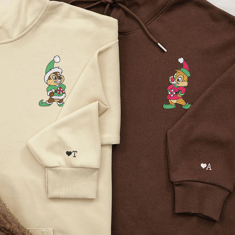 Custom Embroidered Hoodies for Couples, Cute Christmas Chipmunk Duo Hoodie, Matching Outfit