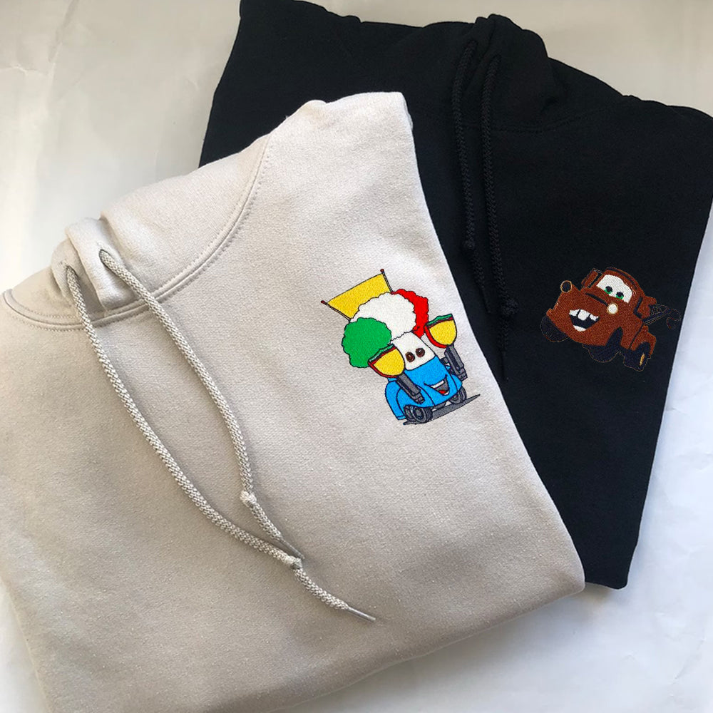 Custom Embroidered Hoodies for Couples, Playful Cartoon Cars Duo Hoodie, Couple Matching Outfit