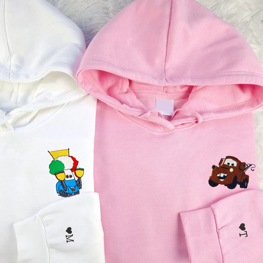 Custom Embroidered Hoodies for Couples, Playful Cartoon Cars Duo Hoodie, Couple Matching Outfit