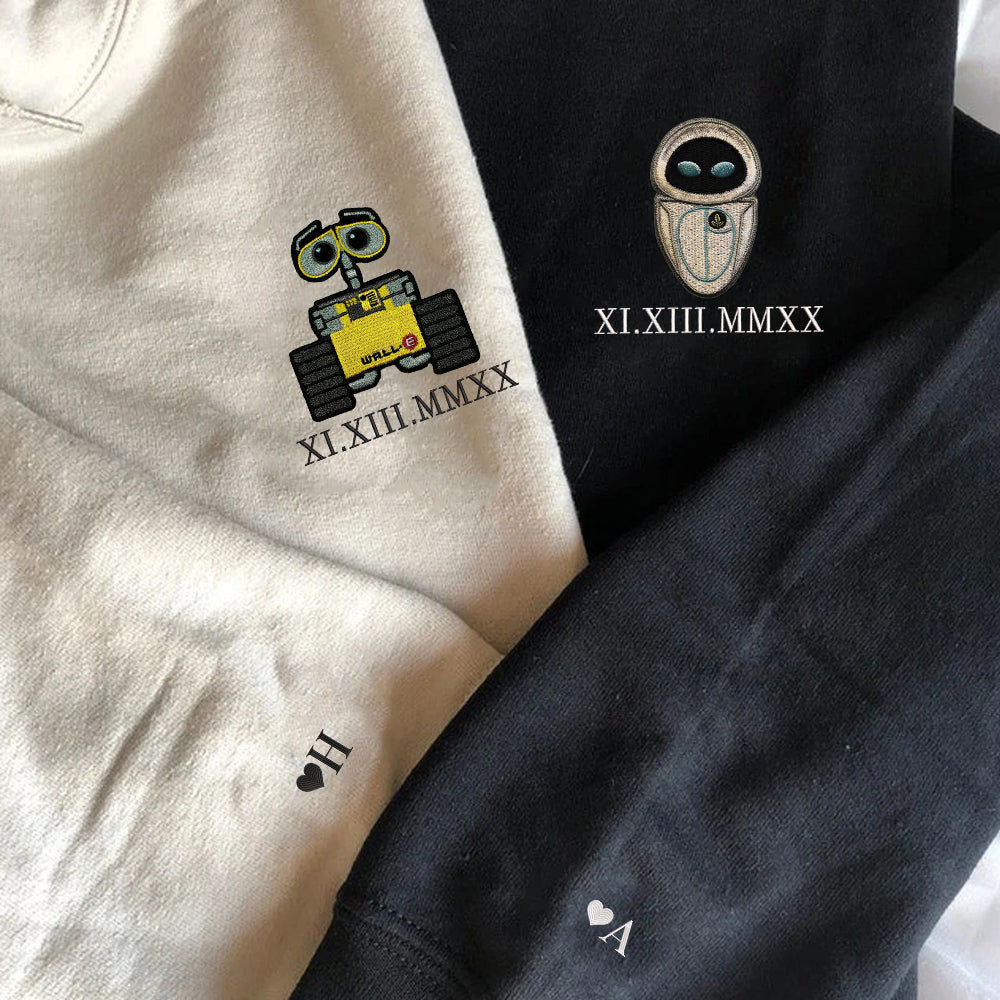 Custom Embroidered Roman Numeral Date Hoodies for Couples, Cute Robot Love Matching Hoodie