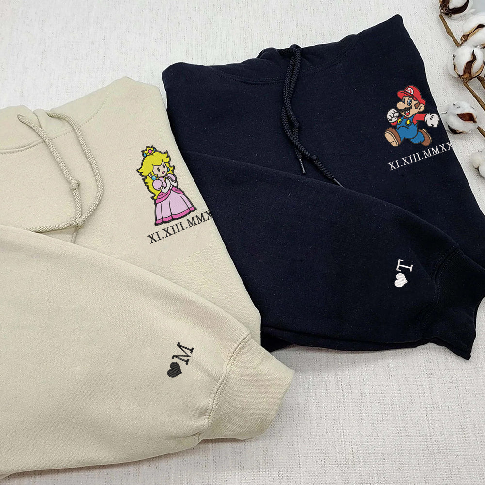 Custom Embroidered Roman Numeral Hoodies For Couples, Cute Cartoon Gamer Love Couples Hoodie