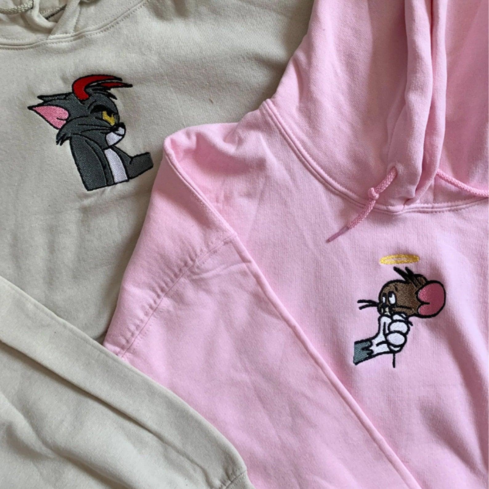 Custom Embroidered Sweatshirts For Couples, Custom Funny Cat & Mouse Cartoon Matching Couple Embroidered Sweatshirt
